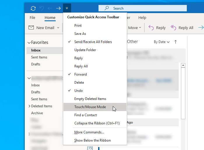 Как переключаться между режимами Touch и Mouse в Outlook