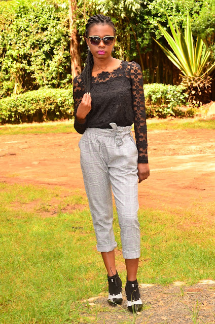 How To Wear A Black Lace Top With Grey Plaid Pants
