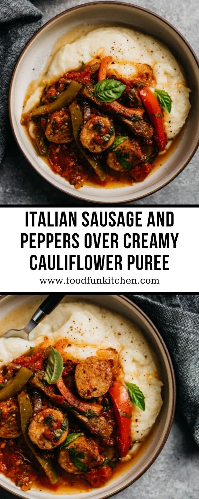 ITALIAN SAUSAGE AND PEPPERS OVER CREAMY CAULIFLOWER PUREE