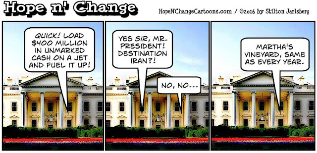 obama, obama jokes, political, humor, cartoon, conservative, hope n' change, hope and change, stilton jarlsberg, iran, ransom, hostages, vacation, martha's vineyard, kerry