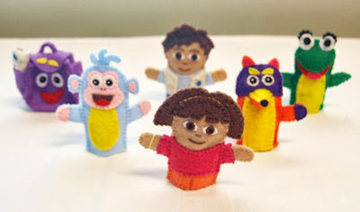The cast of Dora the Explorer in felt finger puppet form, handmade by Joanne Rich.