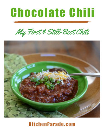 Chocolate Chili ♥ KitchenParade.com, my oldest (and still best!) recipe for homemade chili with lots of spices and yes, cocoa powder. Weight Watchers Friendly. Whole30 Friendly. High Protein. Gluten Free.