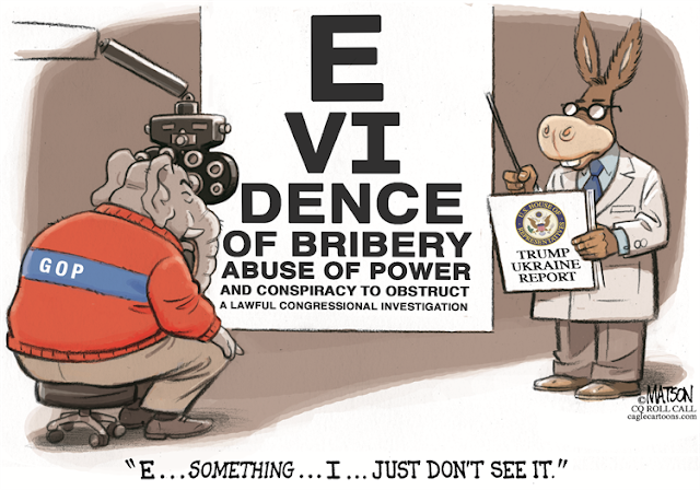 GOP Elephant receiving eye examination from Democratic donkey.  Eye chart reads in decreasing size letters, 
