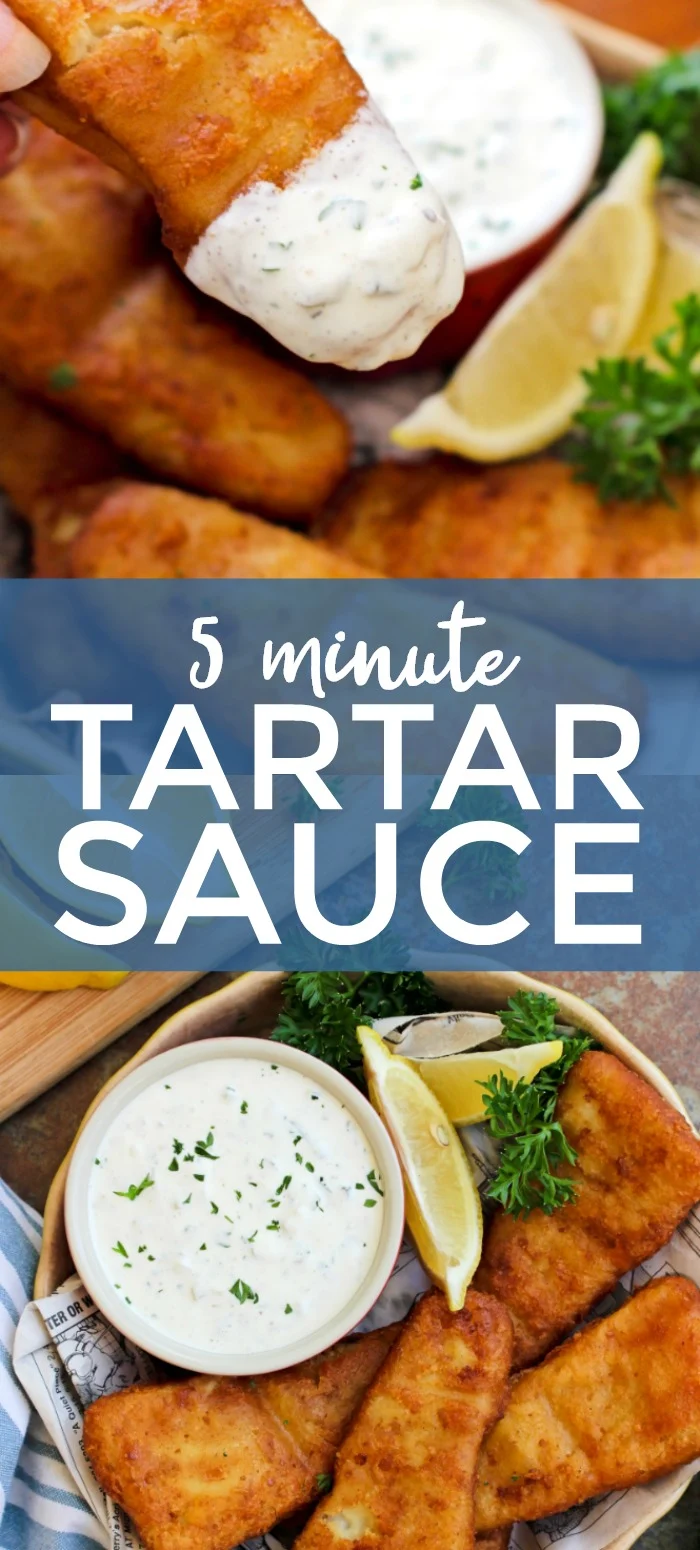 5 Minute Homemade Tartar Sauce is made with just five ingredients and comes together in less than five minutes. You will never buy the bottled stuff again! #tartarsauce
