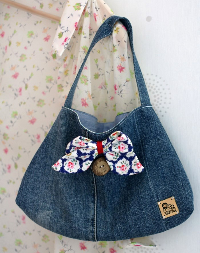 Reversible Patchwork Denim Tote Bag With a Pocket-denim Purse 