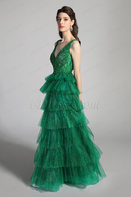 Green V-Cut Beaded Shiny Layers Party Cake Dress