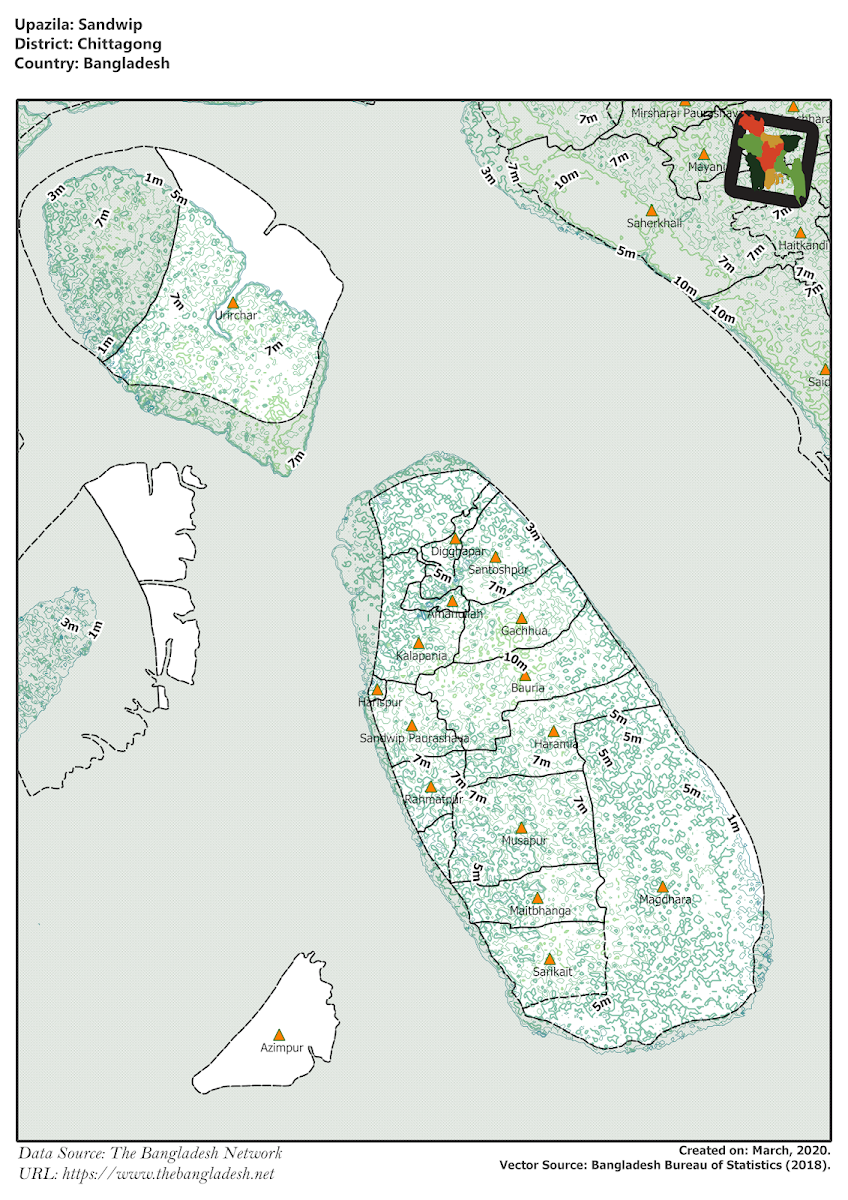 Sandwip Upazila Elevation Map Chittagong District Bangladesh