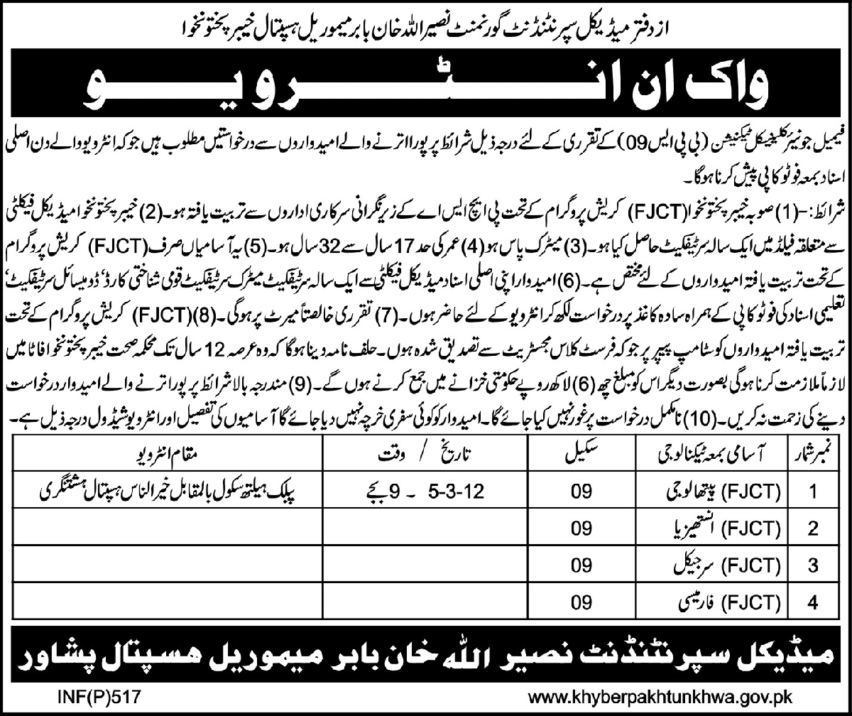 Female Junior Clinical Technician Jobs in Naseerullah Khan Babar