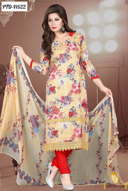 Cream Red Printed Casual Salwar Suits at lowest price 