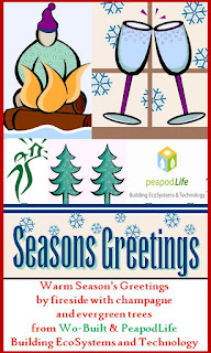 Warm Season’s Greetings by fireside with champagne and evergreen trees from Wo-Built & PeapodLife