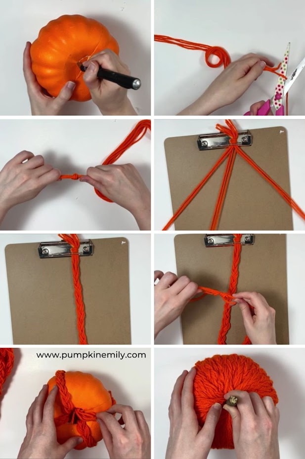Steps on how to make a braided yarn pumpkin.
