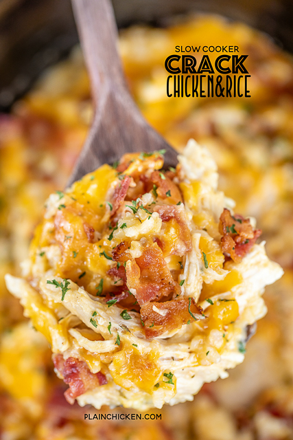 Slow Cooker Crack Chicken and Rice - a quick and easy weeknight recipe! Just dump everything in the slow cooker and dinner is done! Only a few simple ingredients - chicken, ranch dressing mix, bacon, cheddar cheese, cream of chicken soup, milk and rice. Can add some mixed veggies too! Everyone cleaned their plate! Leftovers taste great too! YUM! #crockpot #slowcooker #chicken #rice spoonful of chicken and rice