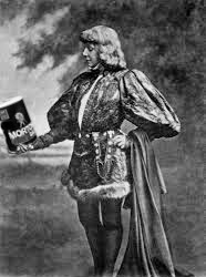 Sarah Bernhardt, dressed as Hamlet, contemplating a box of Morton Salt