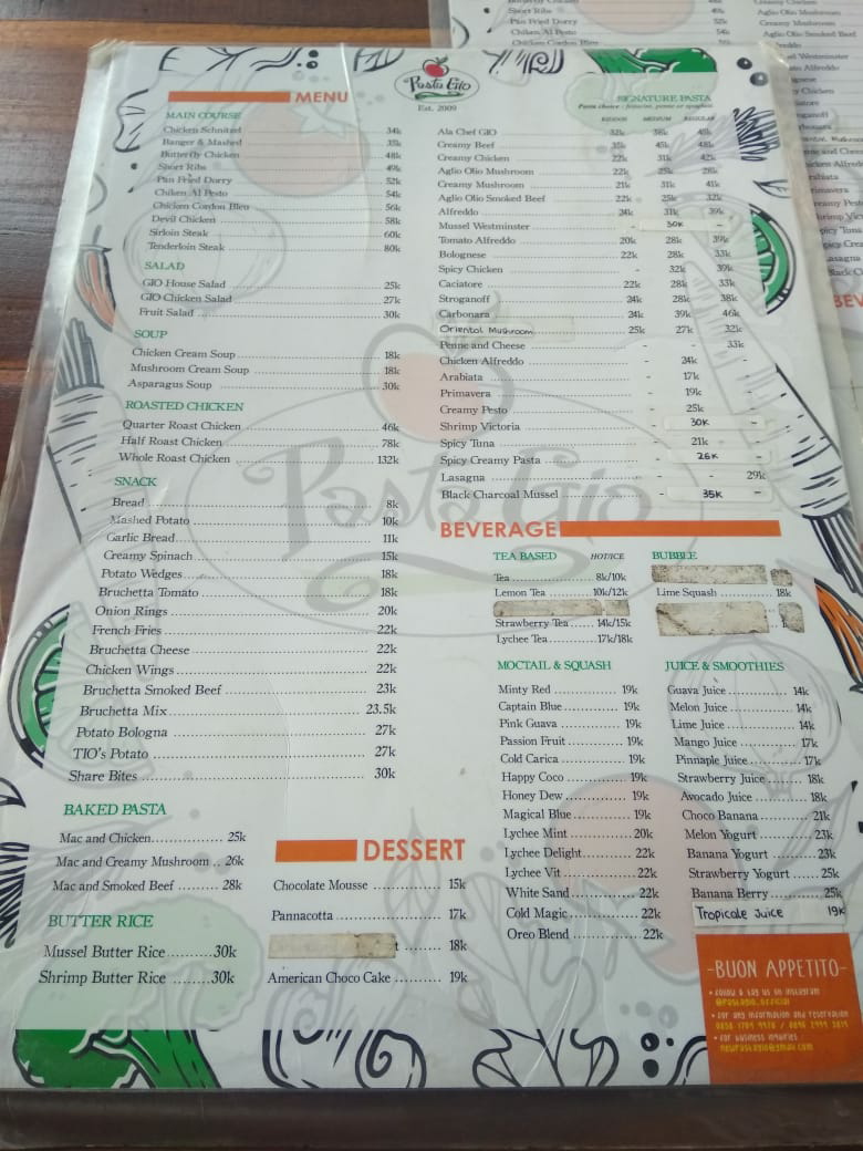Daftar menu dan harga di Pasta Gio, Monjali, Jogja