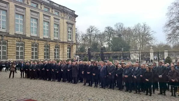 diamond earrings, diamond rings, diamond tiara, King Philippe of Belgium and Queen Mathilde of Belgium hold a minute of silence during a homage ceremony at Palace of the Nation in Brussels