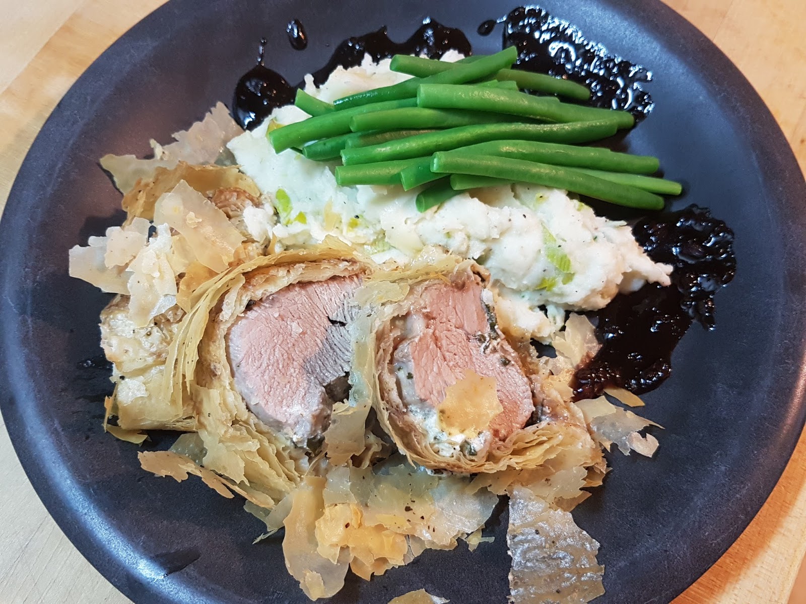 Almost Wasted Pork Tenderloin with Spinach and Goat Cheese in Filo Pastry