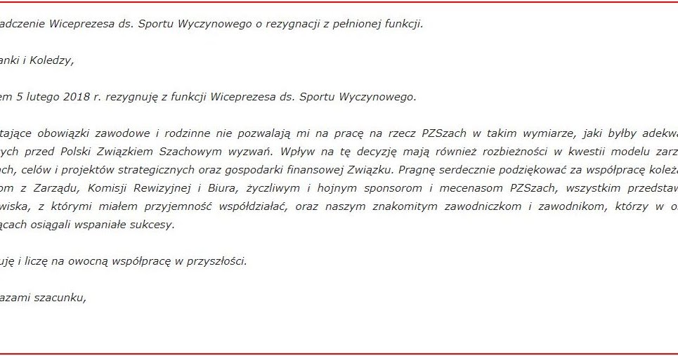 Jacek Gdański nie jest już Wiceprezesem Polskiego Związku Szachowego