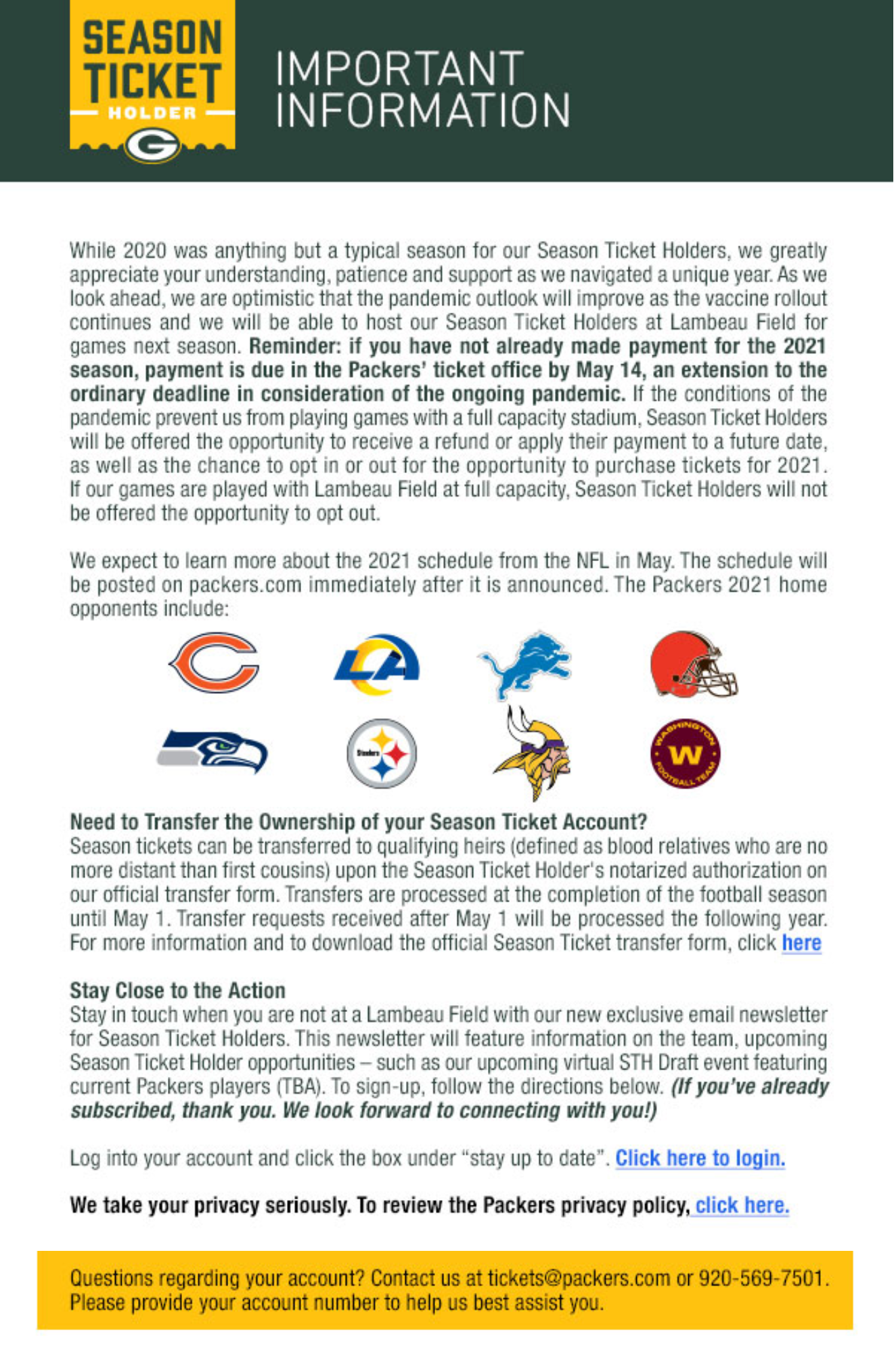 PACKERVILLE, U.S.A. Season Ticket Holder Update