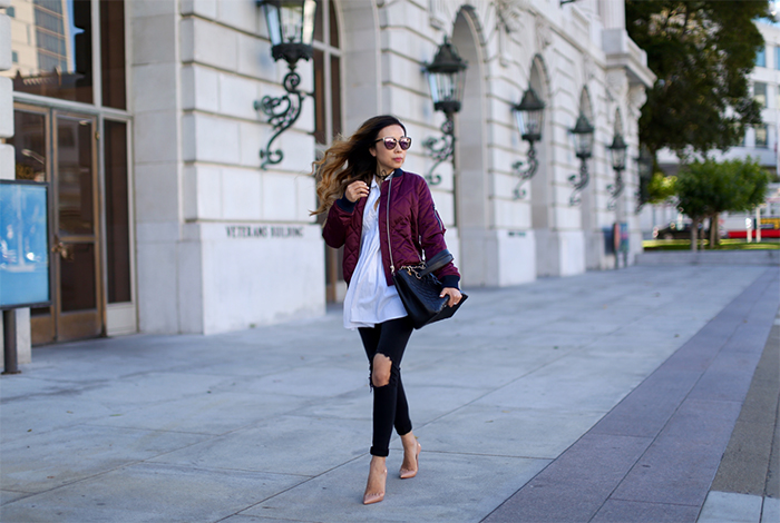 Topshop quilted bomber jacket, bomber jacket, quilted bomber jacket, everlane shirt, choker, chanel grand shopping tote, christian louboutin so kate pumps, ripped jeans, quay sunglasses, summer in san francisco, san francisco summer style, summer style, nordstrom anniversary sale