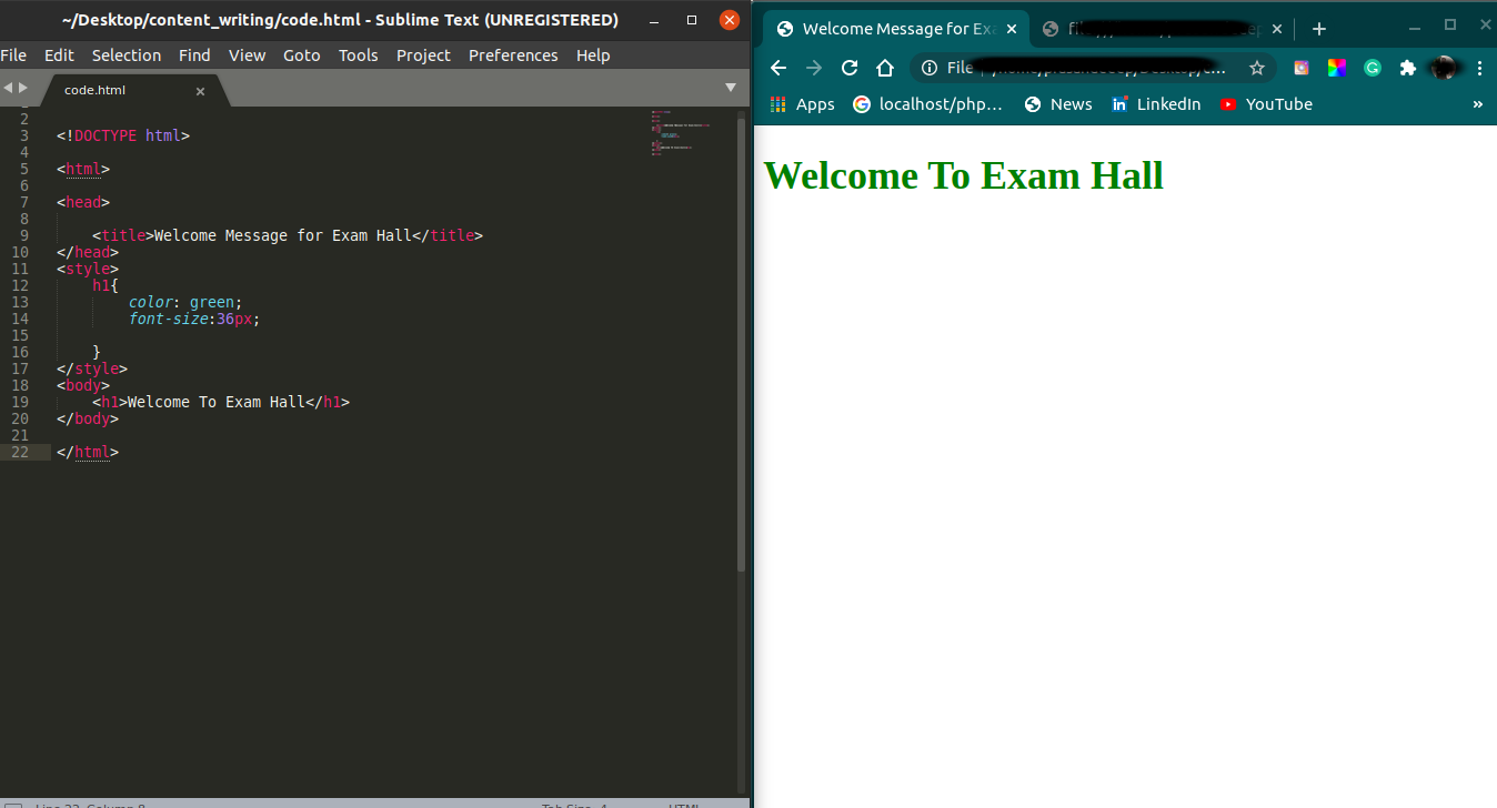 Write HTML Code To Display Welcome To Exam Hall Having Font Size