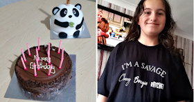 2 birthday cakes. One chocolate and the other in the shape of a panda and my youngest in a new tshirt.