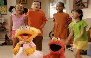 Elmo, Zoe and the kids jumping. Sesame Street Happy Healthy Monsters