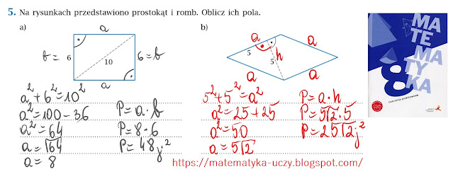 ćw. 4, 5 i 6 str. 37 "Matematyka z plusem 8" - zastosowanie Twierdzenie Pitagorasa (zeszyt ćwiczeń podstawowych)