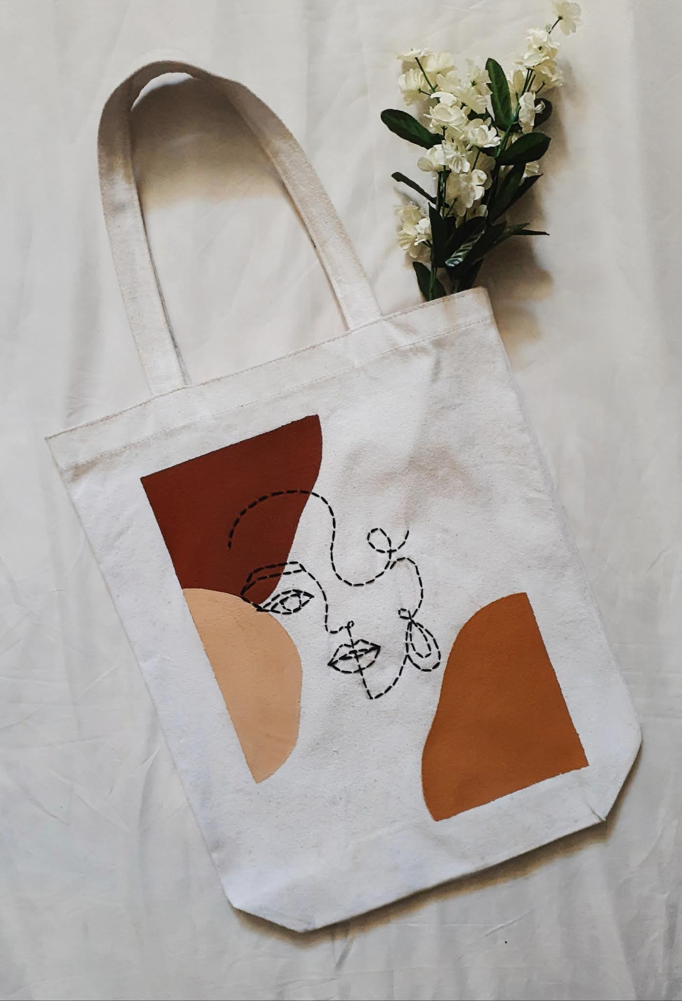 Embroidered Line Art Tote Bag - Opal Crown