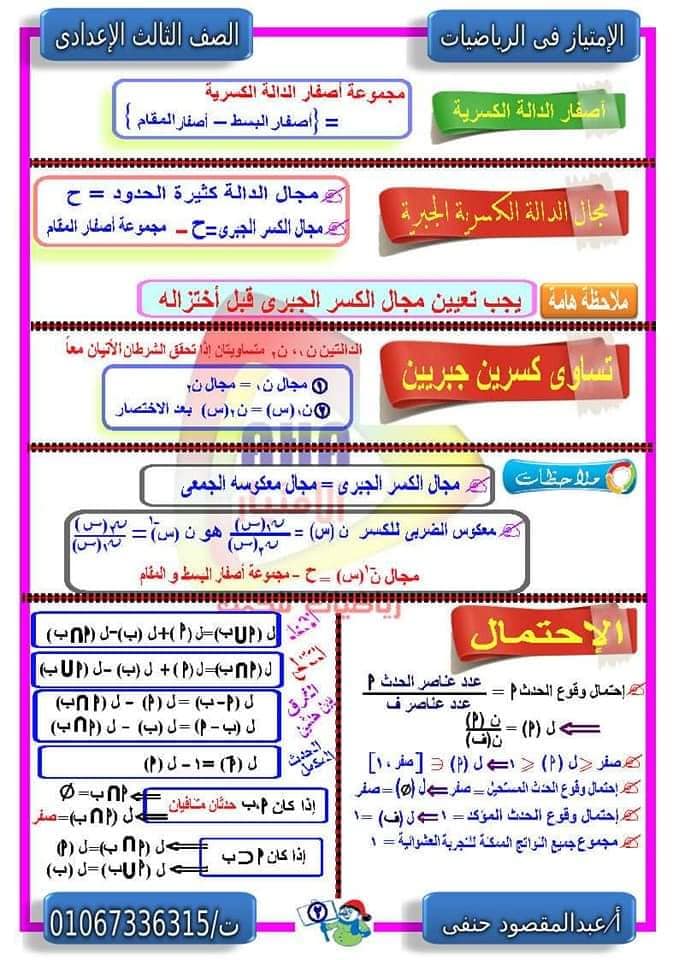 ملخص قوانين الجبر + تجميع نظري الهندسة للصف الثالث الاعدادي ترم ثاني أ/ عبد المقصود حنفي 2