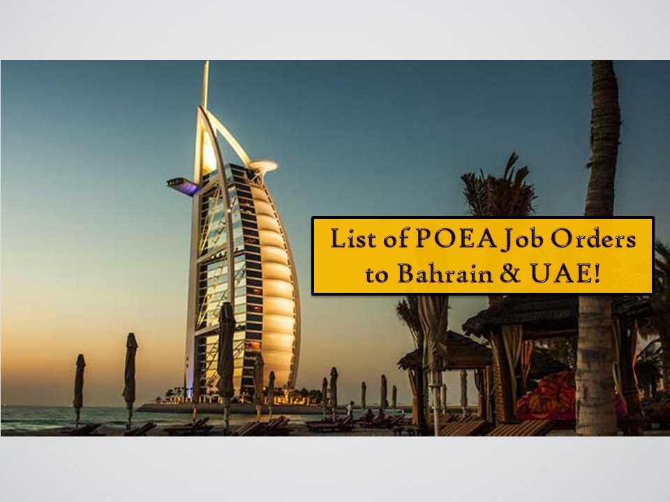 The United Arab Emirates is next to Saudi Arabia in the list of Top 10 Countries Overseas Filipino Workers (OFWs) are mostly deployed. This is according to the recent report of the Philippine Overseas Employment Administration (POEA). While Bahrain is consistently included in Top 10 in number 9 spot. It means that these countries hired hundreds or even thousands of OFWs every year! This month of March 2019 both countries are hiring Filipino skilled workers and more! Check below for the job orders from POEA!  Bahayofw.com is NOT a recruitment agency and we are NOT processing nor accepting applications for jobs abroad. All information in this article is taken from the website of POEA — www.poea.gov.ph for general purposes only. Recruitment agencies are being linked to each job orders so that interested applicants may know where to coordinate and apply for their desired position.  Interested applicant may double-check the job orders as well as the licensed of the hiring recruitment agencies in the POEA website to make sure everything is legal.