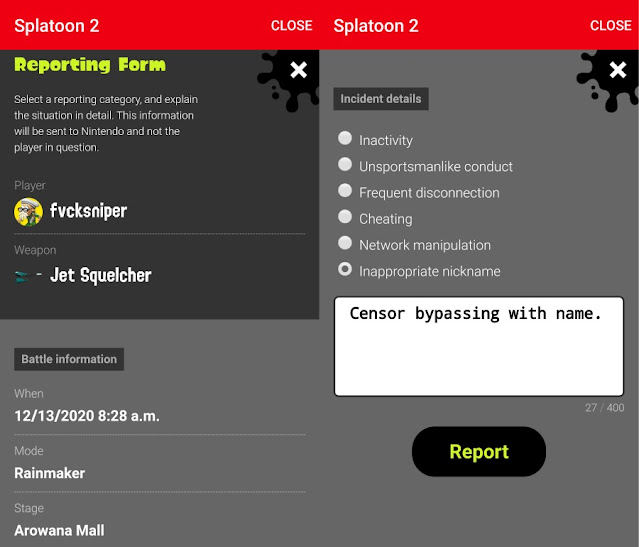 Splatnet 2.0 reporting form report player Nintendo Splatoon 2 fvcksniper censor bypassing inappropriate name