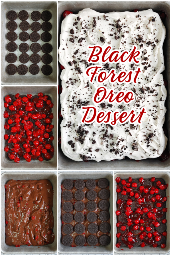 This is a six image photo collage showing Black Forest Oreo Dessert being made. 