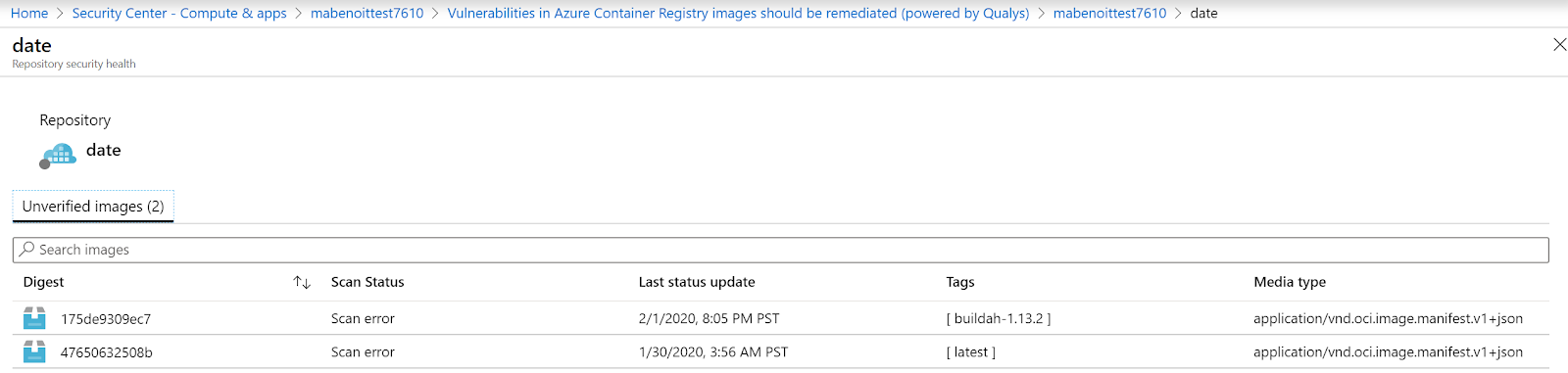 Container images built with buildah appear as &ldquo;Scan error&rdquo; on the Azure portal.