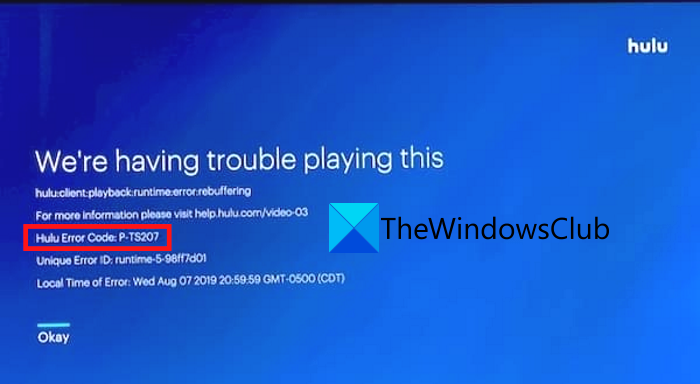 Hulu 오류 코드 P-TS207 또는 P-EDU125