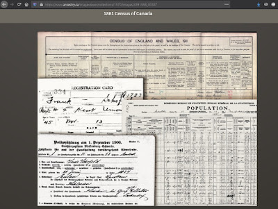 Screen capture of Ancestry web page for image 4391558_00387 in the 1861 Census of Canada collection.