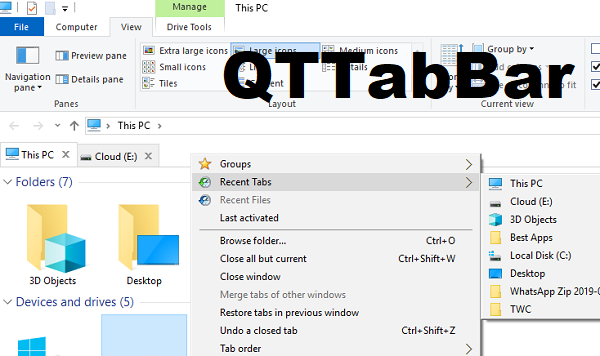 Schede di esplorazione della barra di QTTab