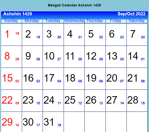 Bengali Calendar Ashshin 1429 : September - October 2022