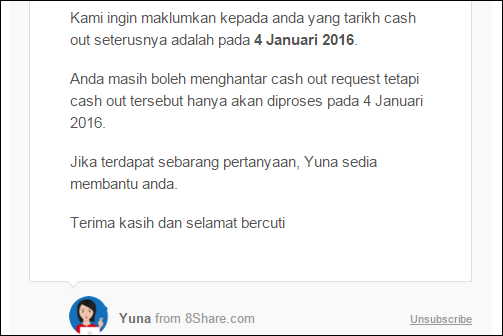 Tarikh cash out 8share minggu pertama dan minggu kedua bulan Januari 2016, cashout hasil 8share, daftar 8share, Yuna Says, bila duit 8share akan masuk, buat duit online