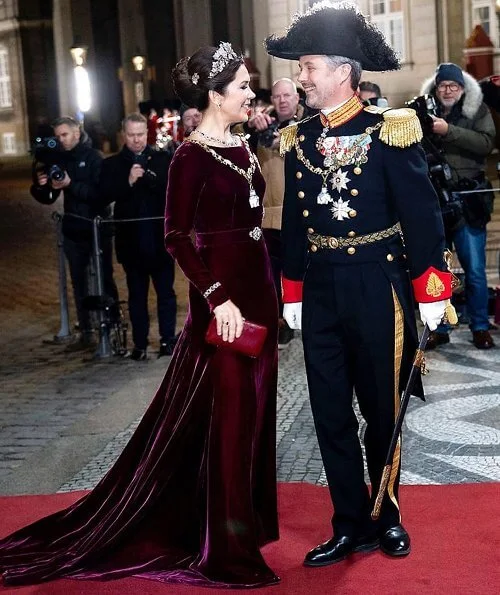 Crown Prince Frederik, Prince Joachim, Princess Marie and Princess Benedikte. Crown Princess Mary wore Birgit Hallstein gown