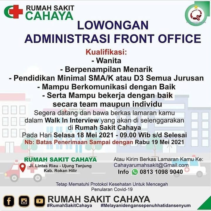 Lowongan Kerja Administrasi Front Office Rumah Sakit Cahaya Karir Riau