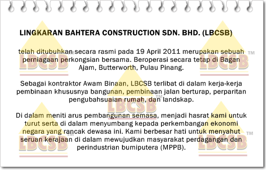 LINGKARAN BAHTERA CONSTRUCTION SDN BHD: LATAR BELAKANG SYARIKAT