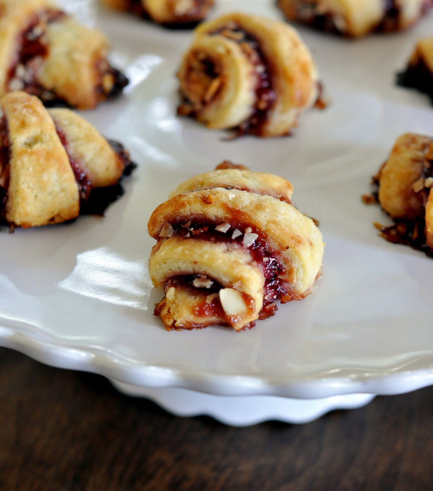 Raspberry Rugelach on White Cake Stand | Taste As You Go