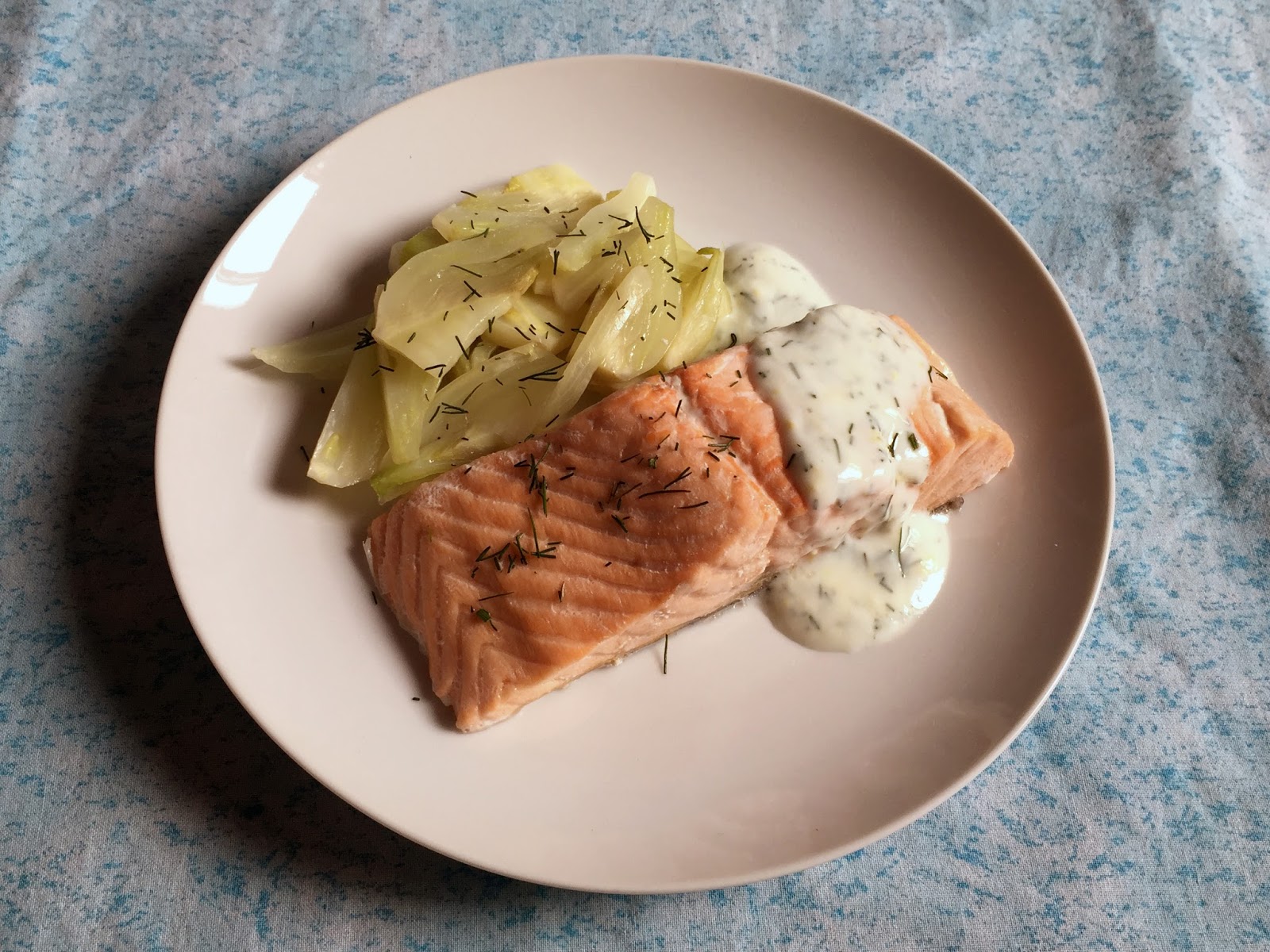 Inglourious Bananas Steamed Salmon with Fennel and Dill Yogurt Sauce