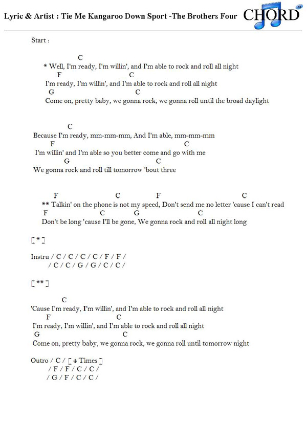 คอร์ด เนื้อเพลง Tie Me Kangaroo Down Sport The Brothers Four Chordza