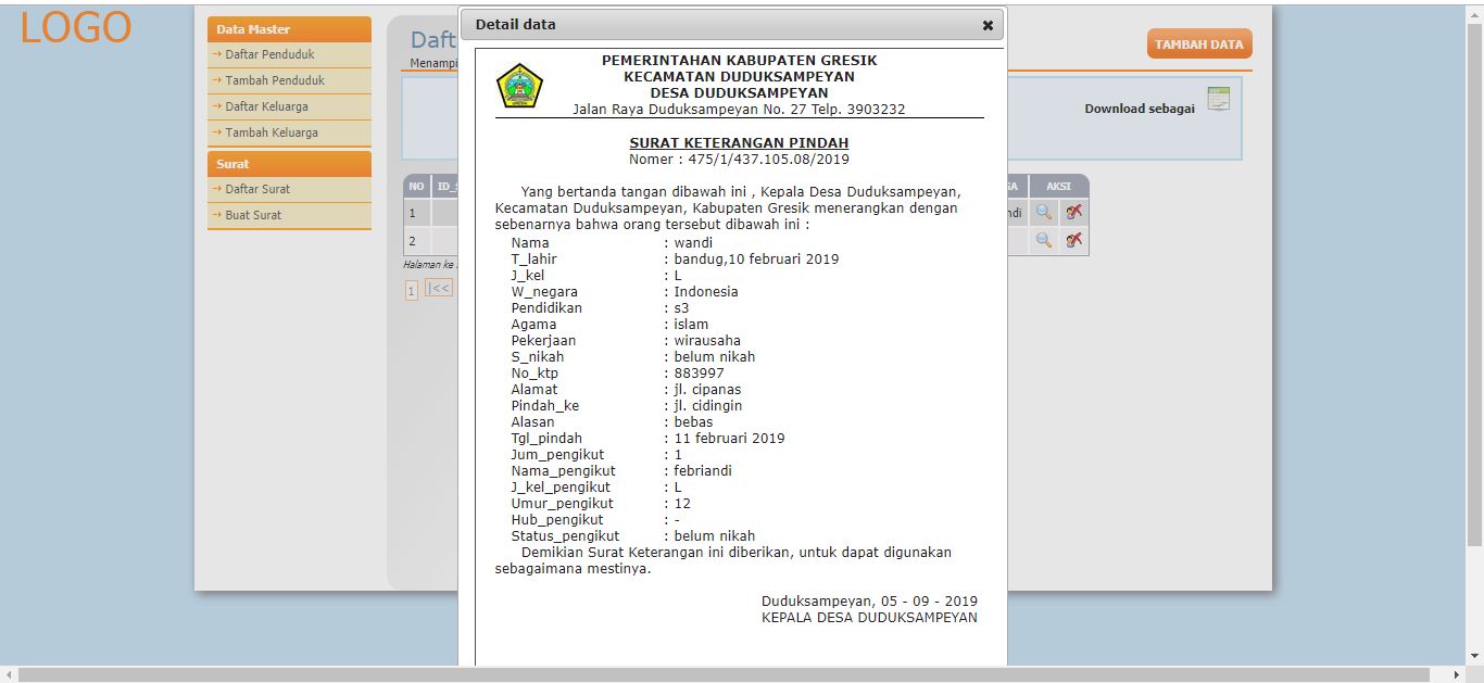 Source code PHP sistem informasi kependudukan dan surat