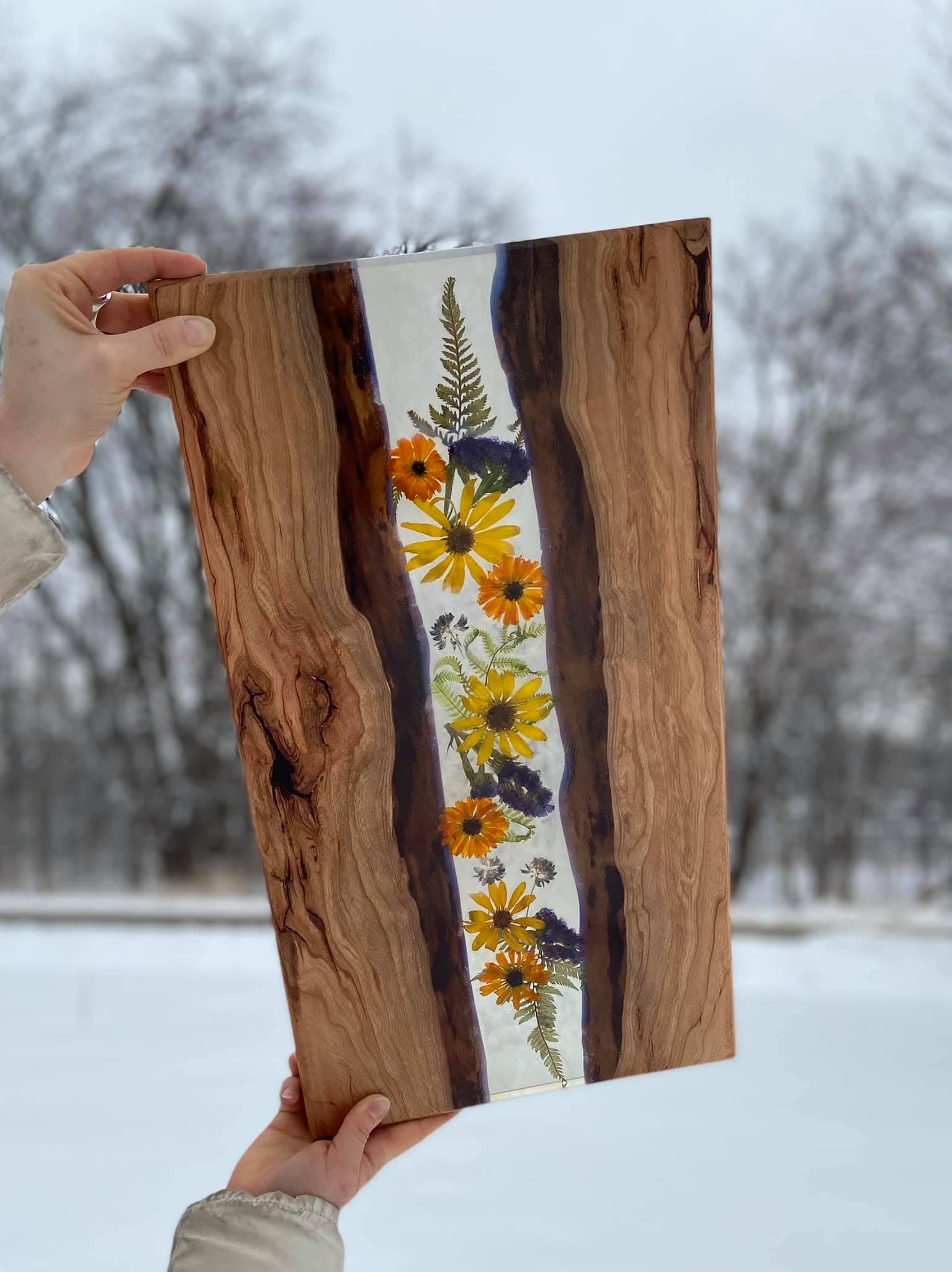 Flower Epoxy Resin River and Wood Art Pieces