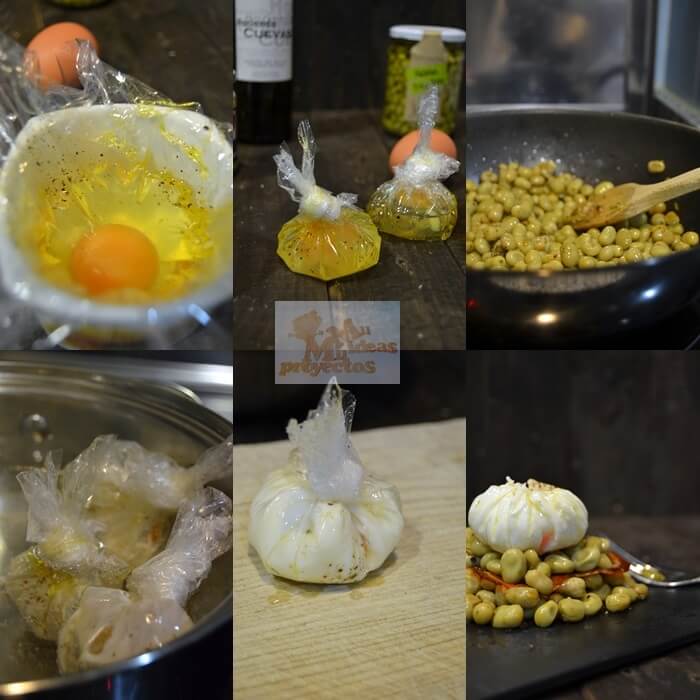 como preparar habitas con huevos poche