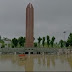चौरी चौरा शहीद स्मारक जलजमाव से बना तालाब,सपा नेता बैठे धरने पर