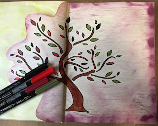 image tree outline in art journal with coloured brush markers