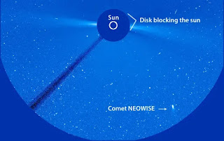 Kometa NEOWISE prolétá kolem Slunce (zakryto terčíkem). Zdroj: SOHO, NASA/ESA.